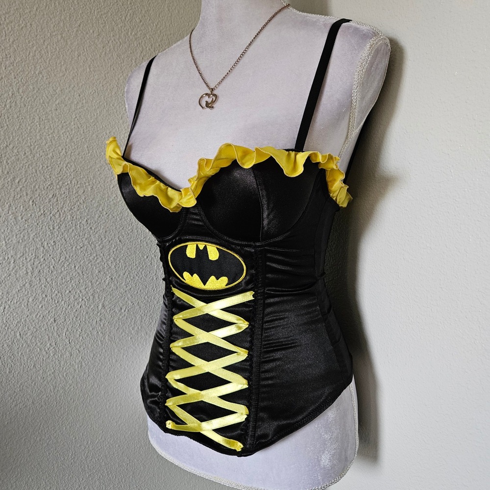 Batman DC Comics Corset Top Black Yellow Satin Mesh Lingerie